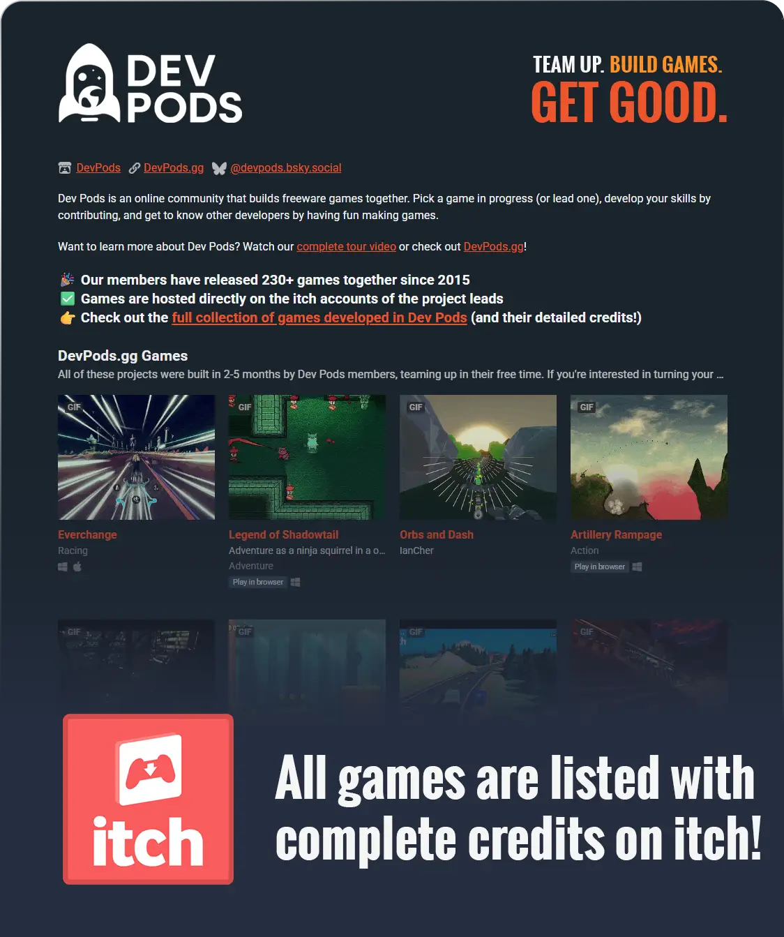 Dev Pods itch.io profile showing 230+ shipped games